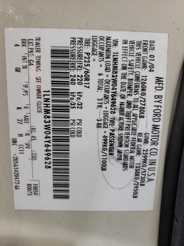 2004 Lincoln Town Car Ultimate VIN: 1LNHM83W04Y649628 Lot: 87295564