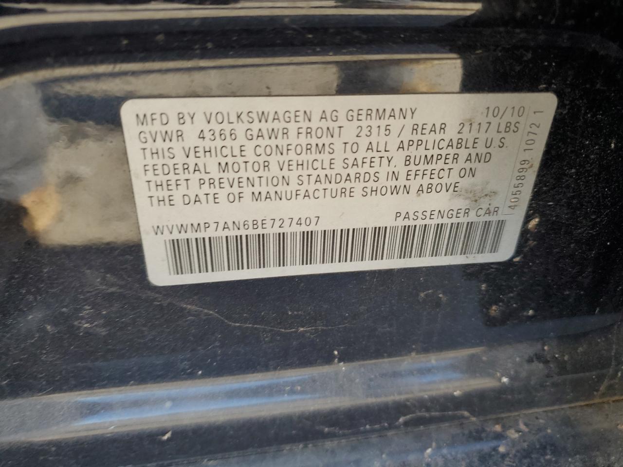 2011 Volkswagen Cc VIN: WVMP7AN6BE727407 Lot: 88520585