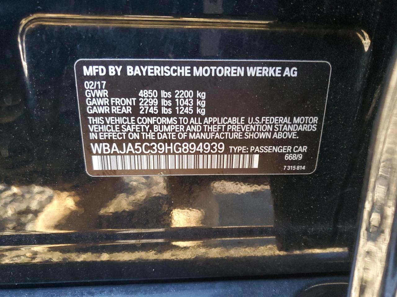 2017 BMW 530 I VIN: WBAJA5C39HG894939 Lot: 42372745