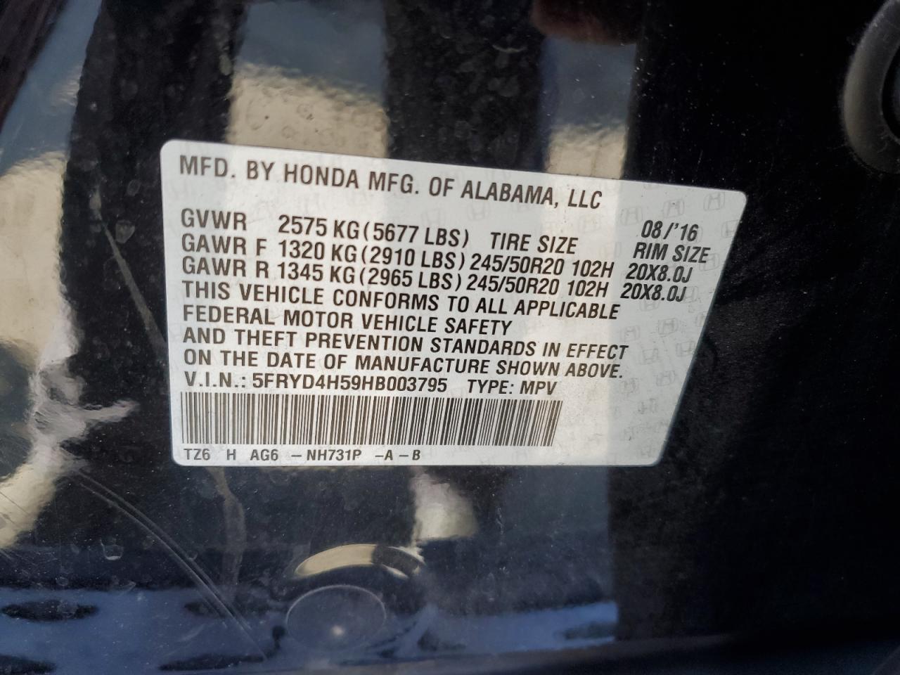 VIN 5FRYD4H59HB003795 2017 ACURA MDX no.13