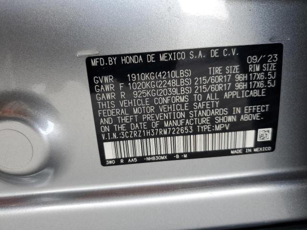 2024 Honda Hr-V Lx VIN: 3CZRZ1H37RM722653 Lot: 41585185