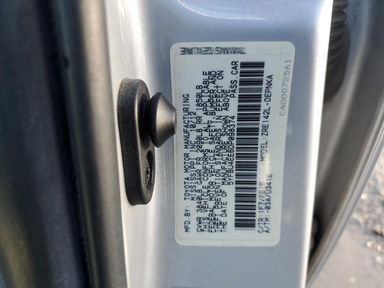 2013 Toyota Corolla Base VIN: 5YFBU4EE6DP098374 Lot: 87515235