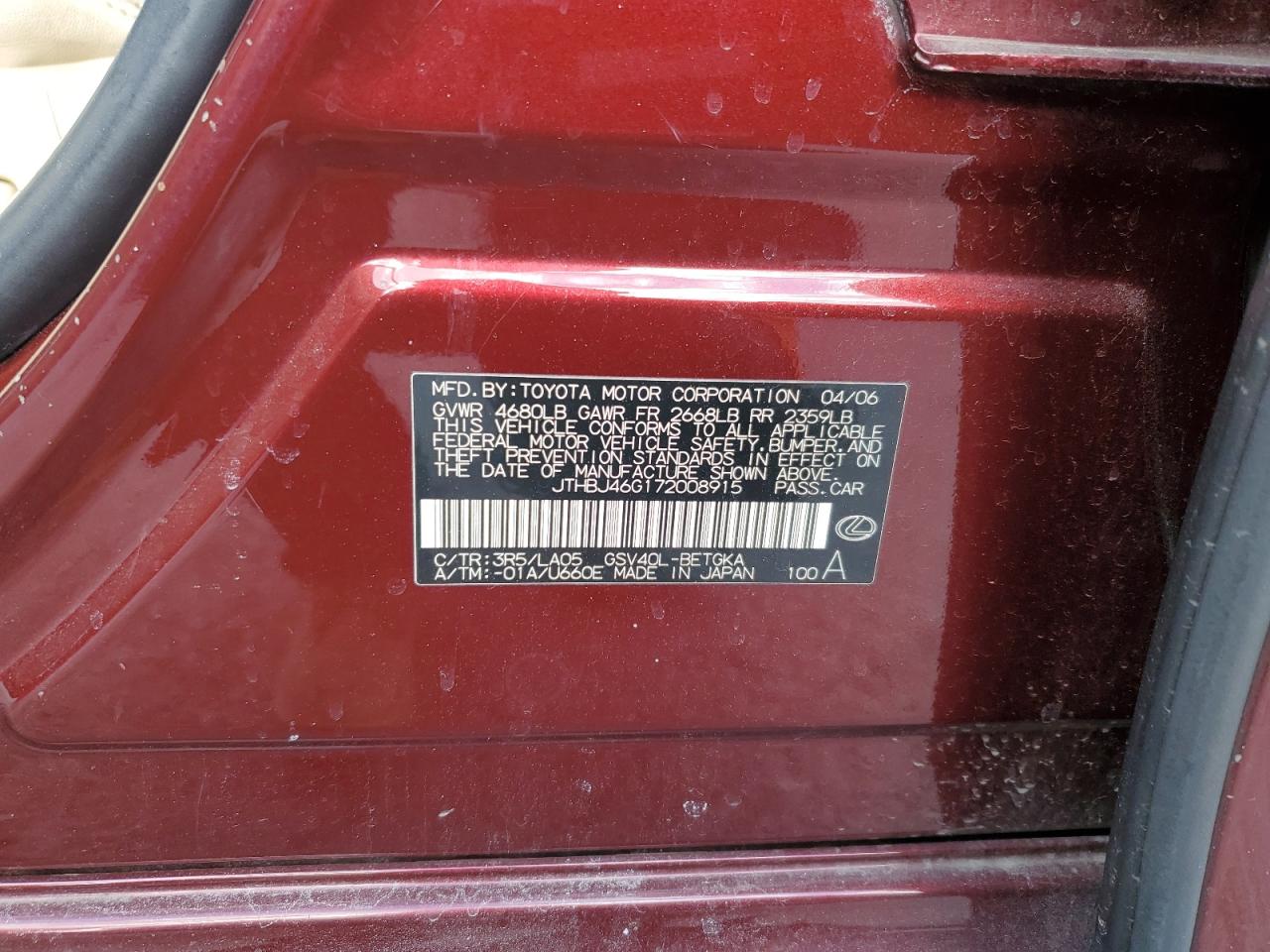 2007 Lexus Es 350 VIN: JTHBJ46G172008915 Lot: 42930915