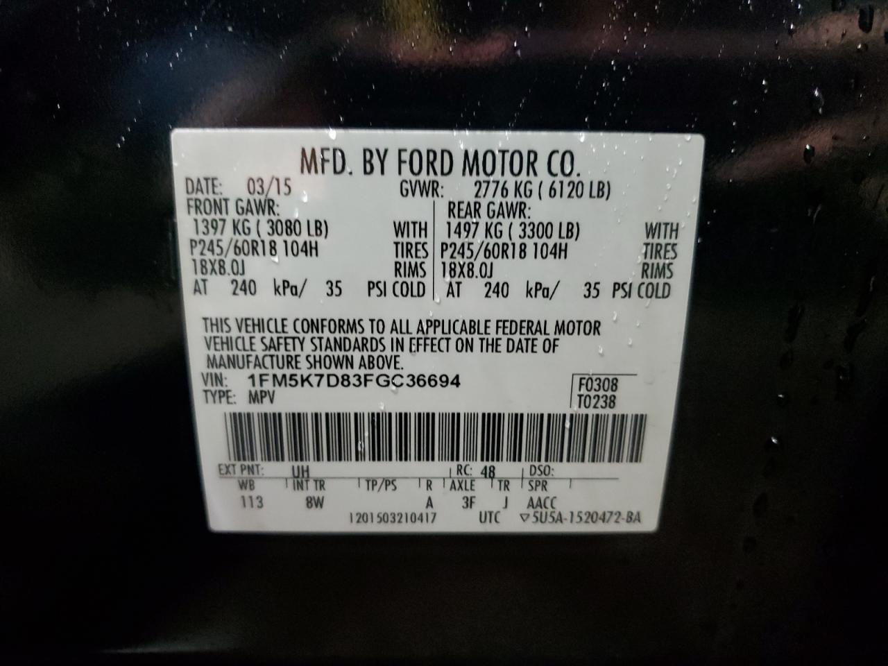 VIN 1FM5K7D83FGC36694 2015 FORD EXPLORER no.13