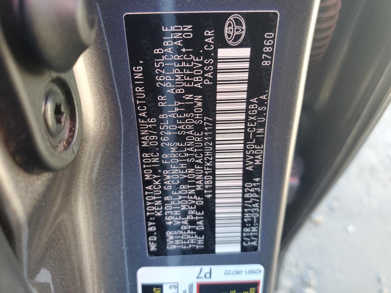 VIN 4T1BD1FK2HU211177 2017 TOYOTA CAMRY no.12