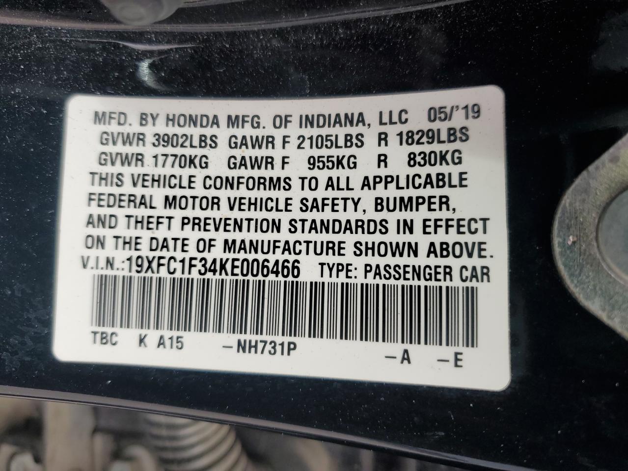 2019 Honda Civic Ex VIN: 19XFC1F34KE006466 Lot: 87686755
