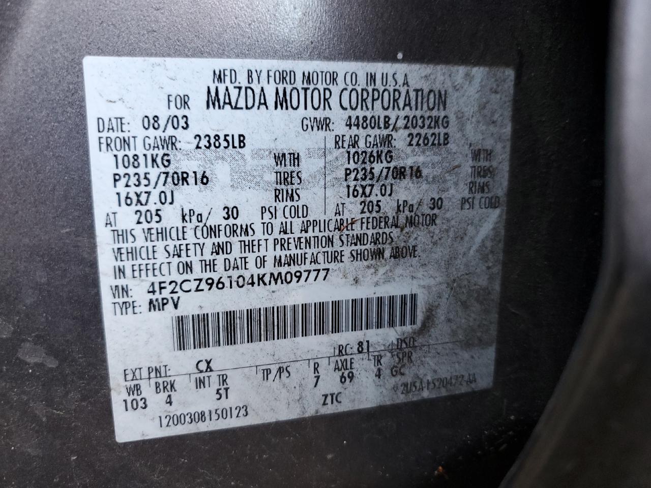 2004 Mazda Tribute Es VIN: 4F2CZ96104KM09777 Lot: 87602135