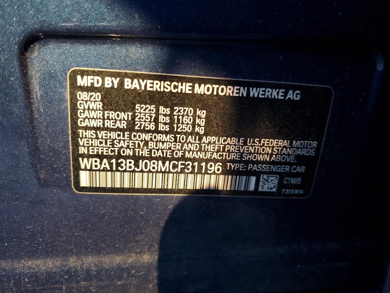 2021 BMW 530 Xi VIN: WBA13BJ08MCF31196 Lot: 65793925