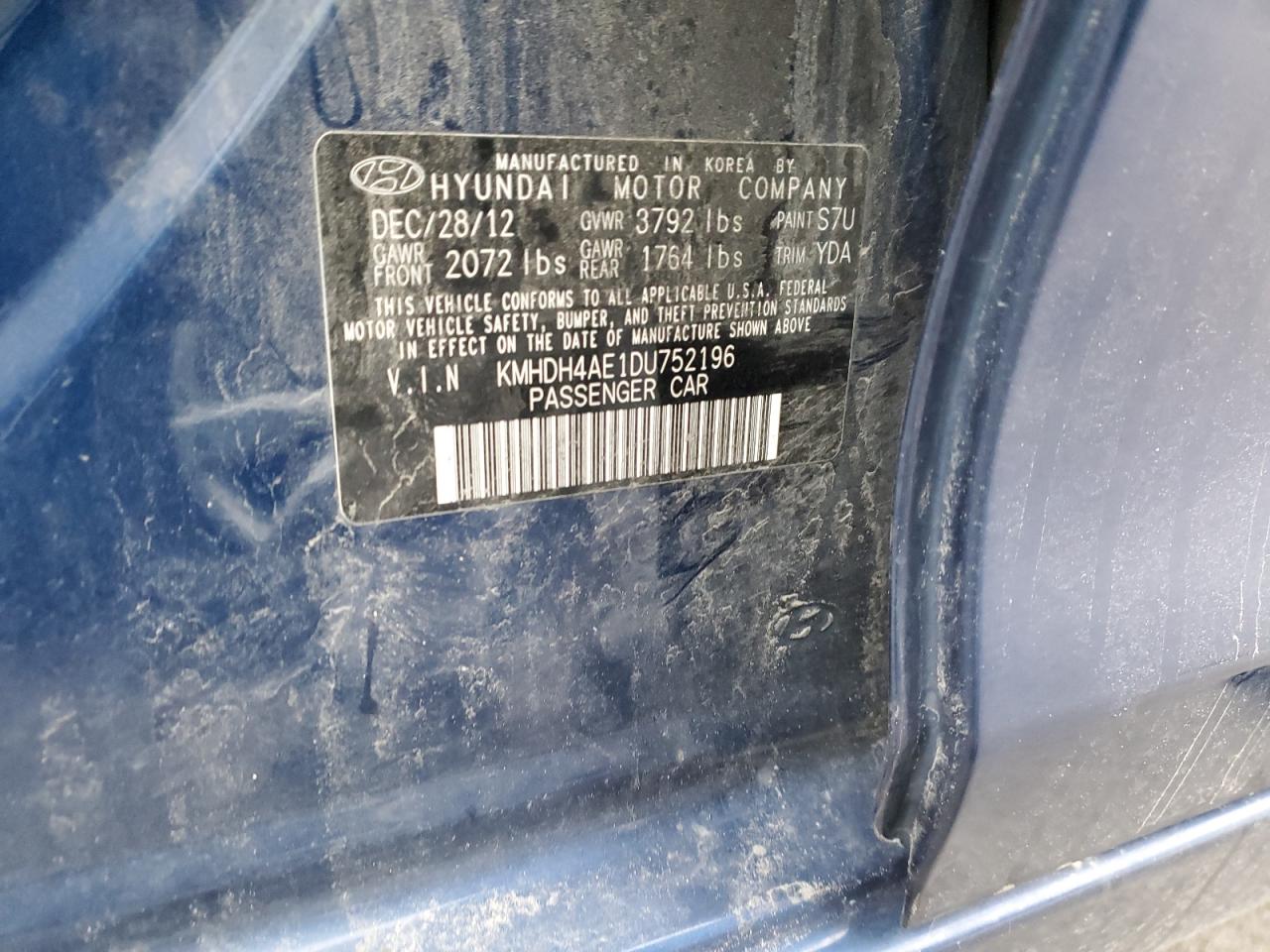 2013 Hyundai Elantra Gls VIN: KMHDH4AE1DU752196 Lot: 87655485