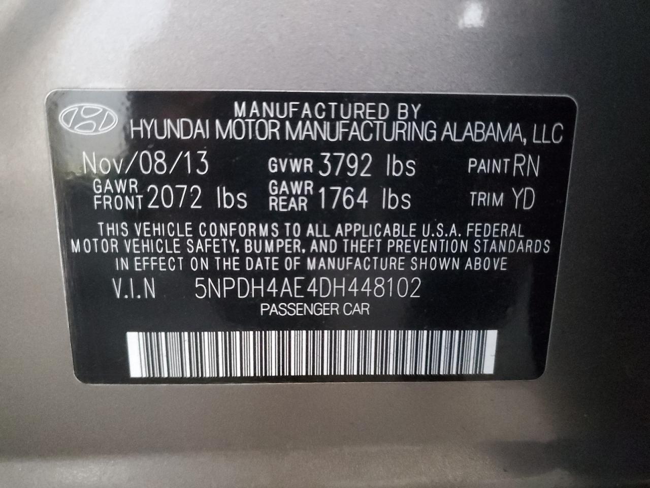 VIN 5NPDH4AE4DH448102 2013 HYUNDAI ELANTRA no.13