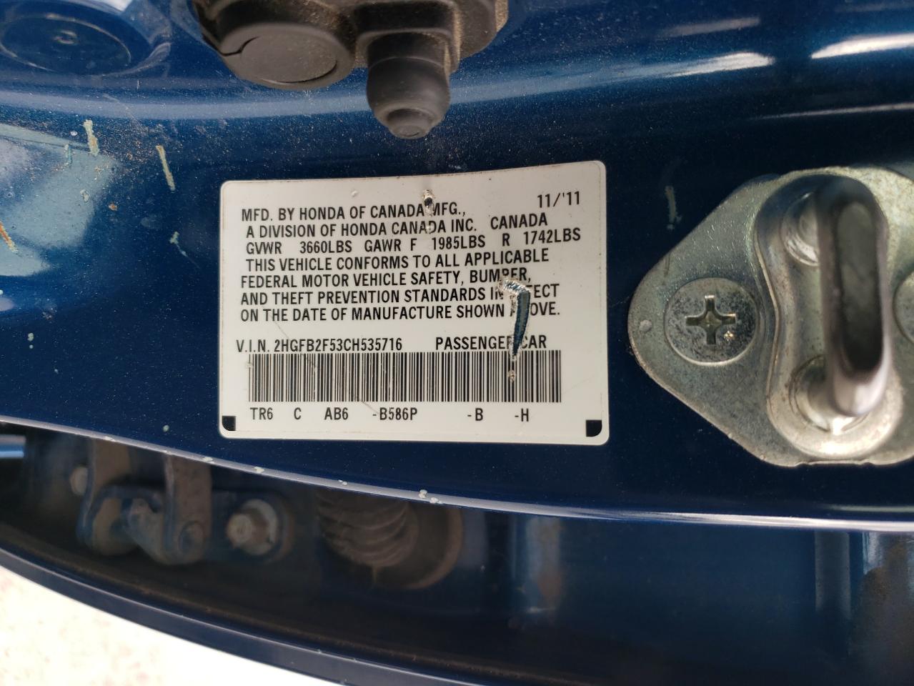 2012 Honda Civic Lx VIN: 2HGFB2F53CH535716 Lot: 87056544