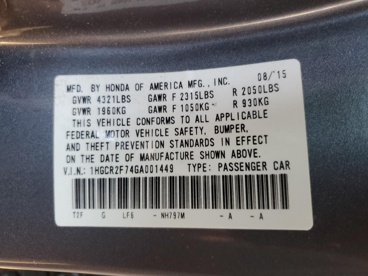 VIN 1HGCR2F74GA001449 2016 HONDA ACCORD no.12