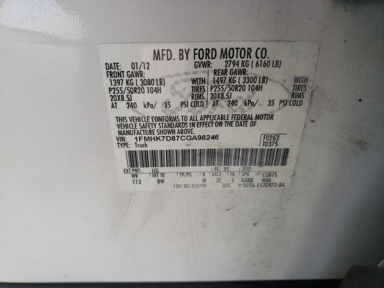 2012 Ford Explorer Xlt VIN: 1FMHK7D87CGA98246 Lot: 88010235