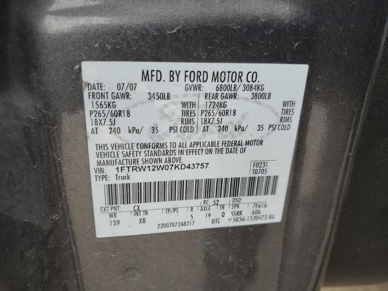 2007 Ford F150 Supercrew VIN: 1FTRW12W07KD43757 Lot: 87949655