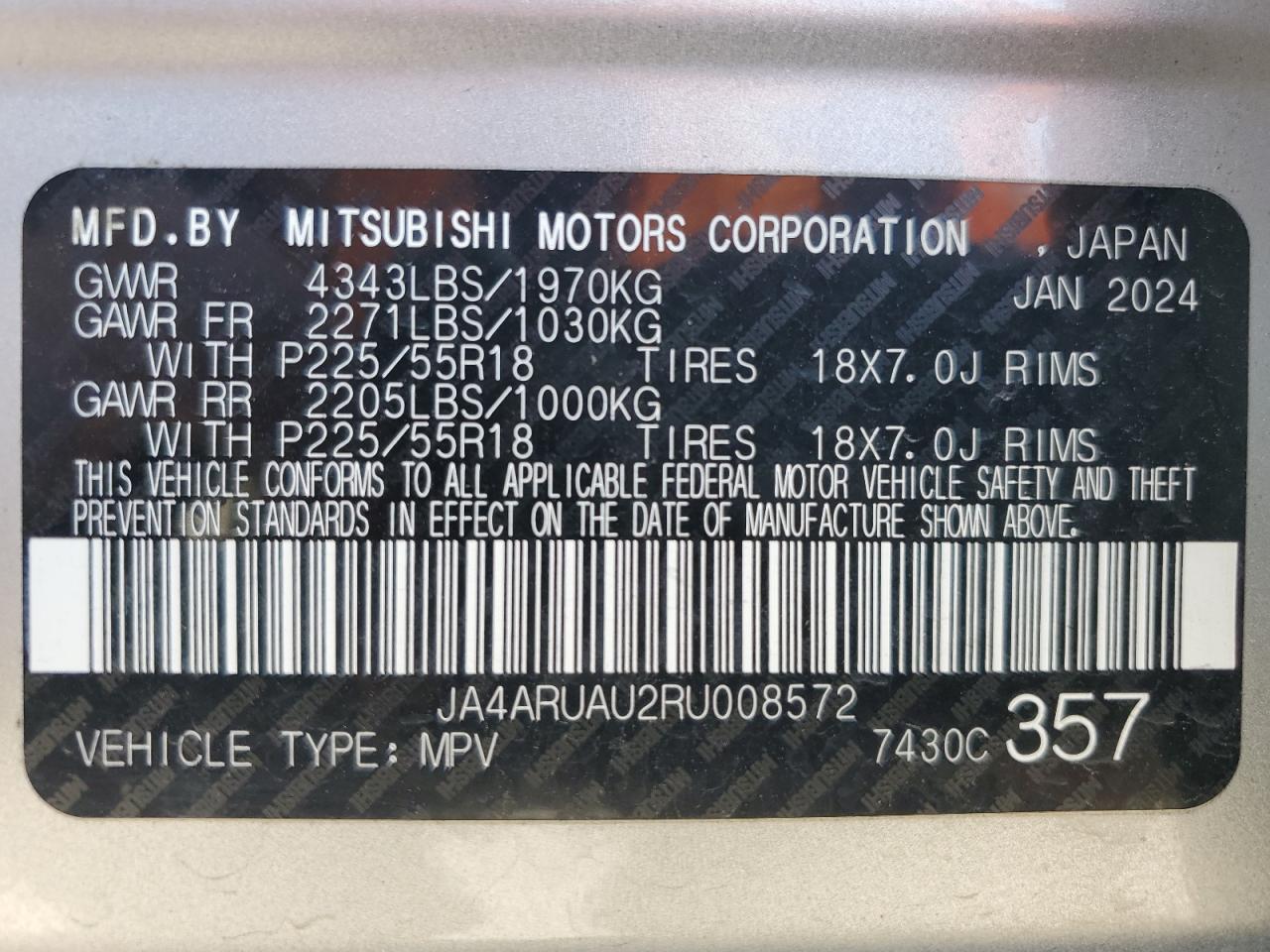 VIN JA4ARUAU2RU008572 2024 MITSUBISHI OUTLANDER no.14