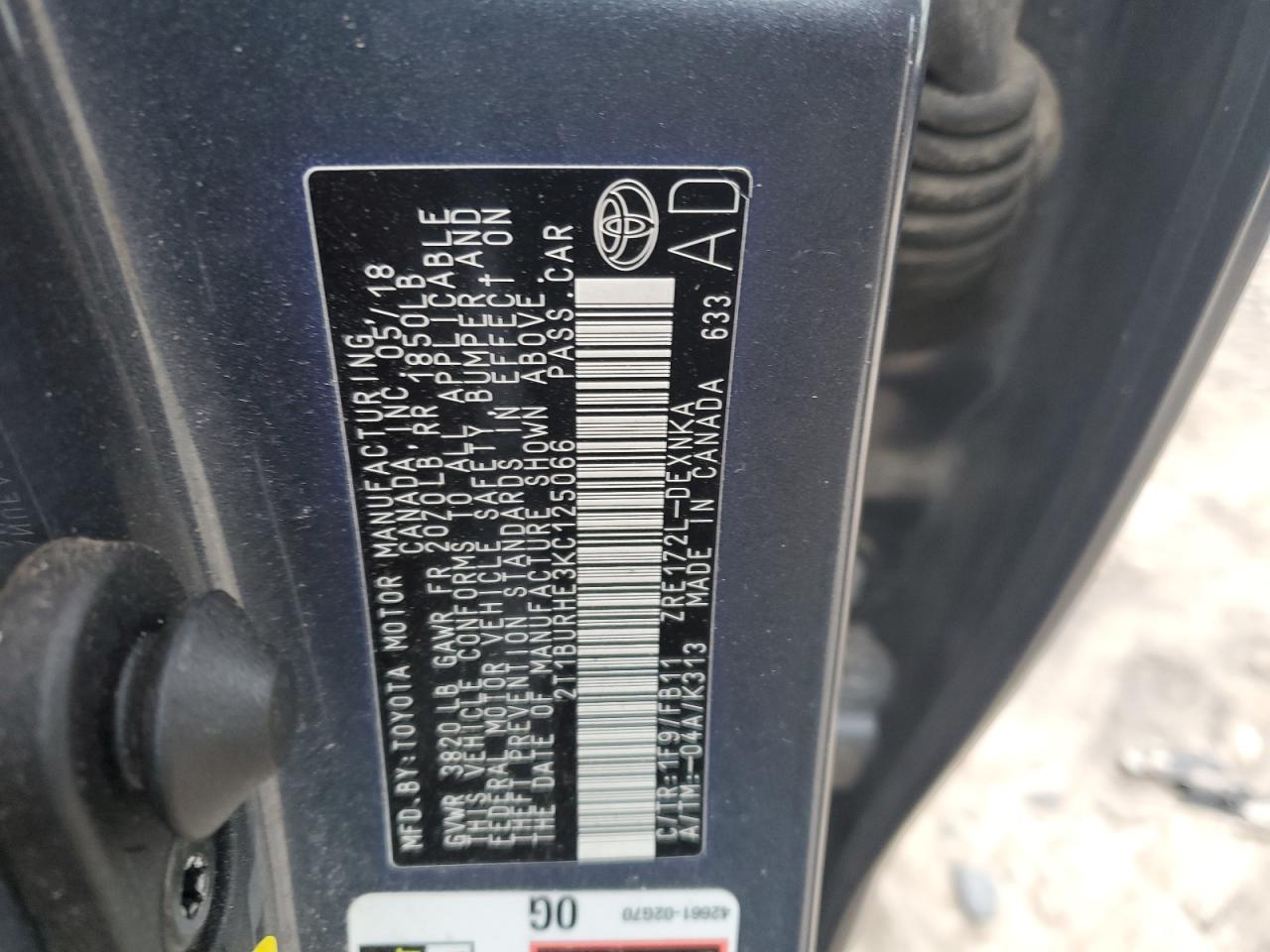 2019 Toyota Corolla L VIN: 2T1BURHE3KC125066 Lot: 86259724