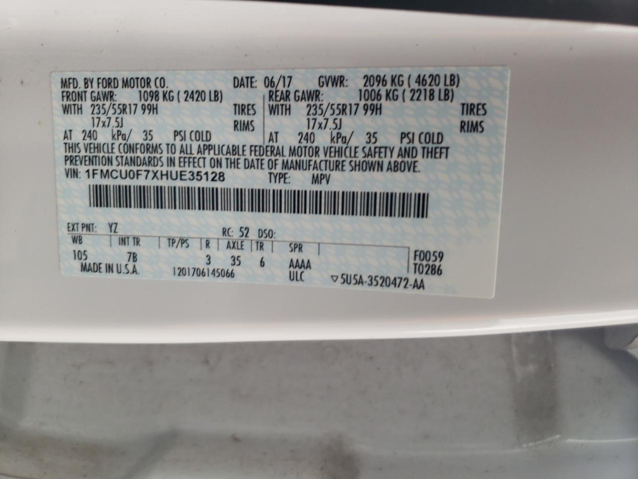 VIN 1FMCU0F7XHUE35128 2017 FORD ESCAPE no.12