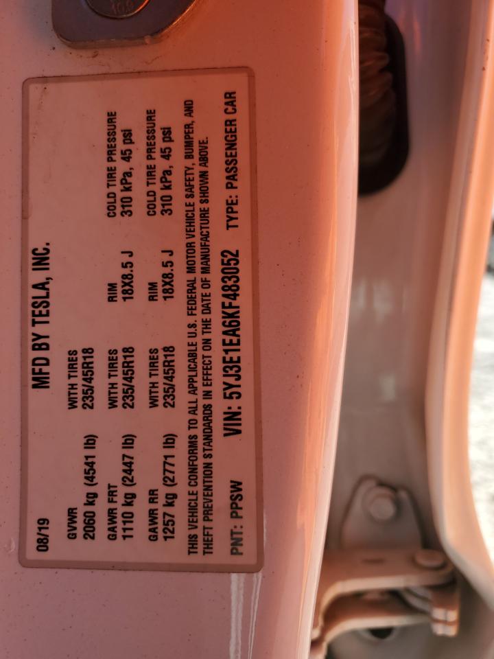 2019 Tesla Model 3 VIN: 5YJ3E1EA6KF483052 Lot: 87876805