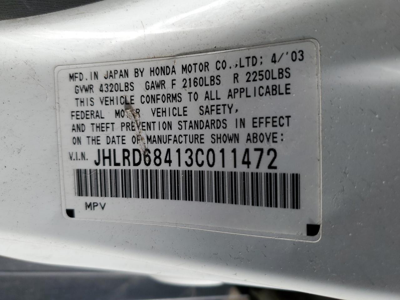 2003 Honda Cr-V Lx VIN: JHLRD68413C011472 Lot: 86829574