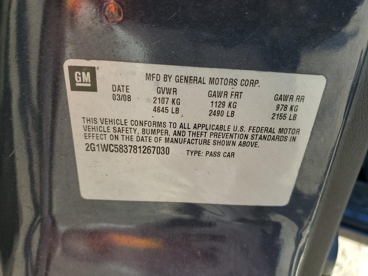 2008 Chevrolet Impala Lt VIN: 2G1WC583781267030 Lot: 88477135