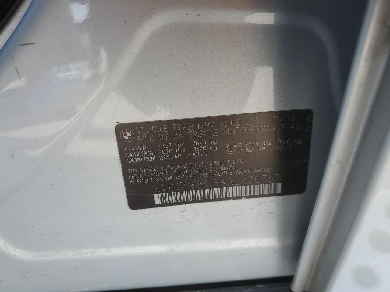 2011 BMW X5 xDrive50I VIN: 5UXZV8C54BL420357 Lot: 42049825