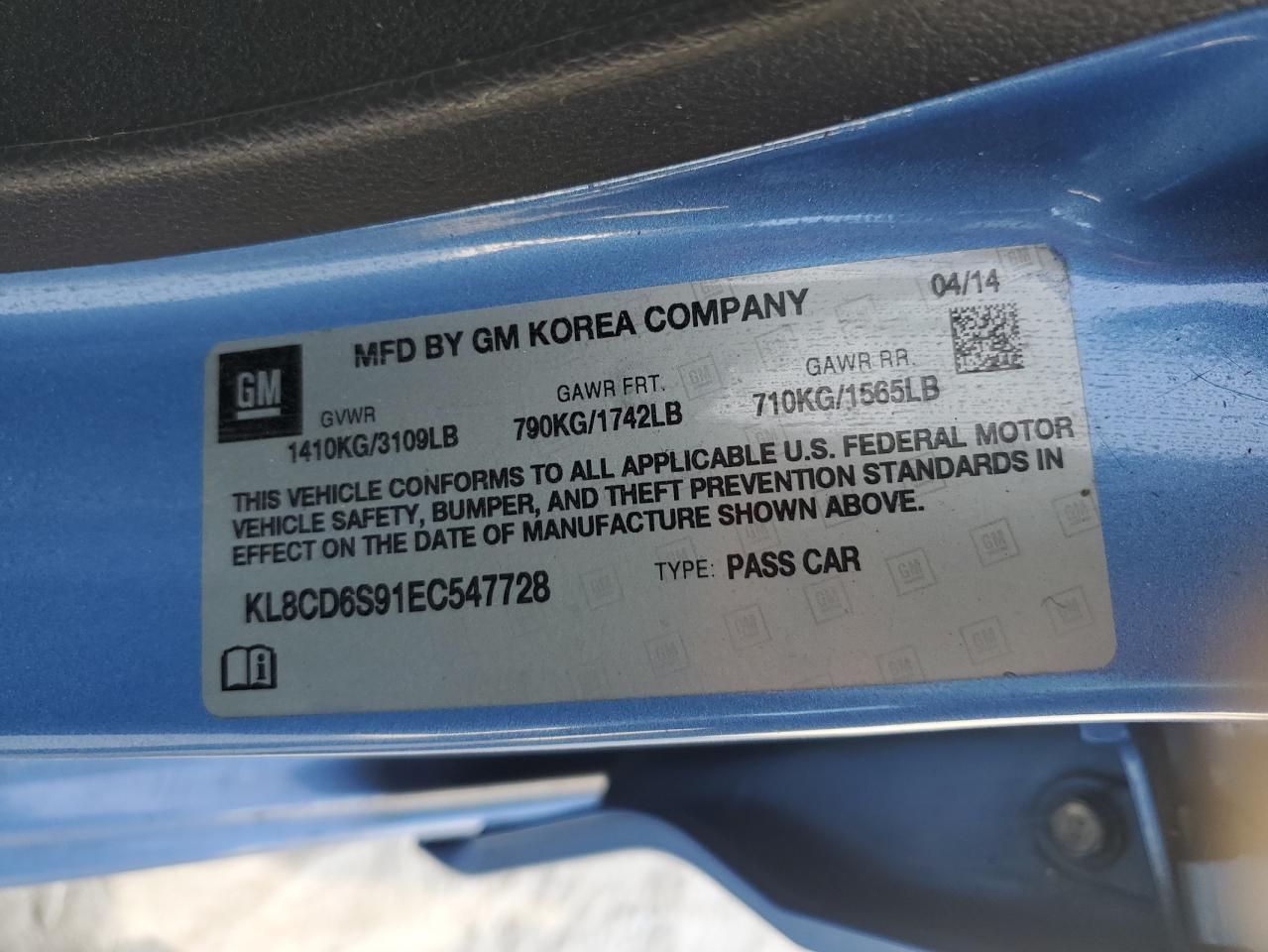 2014 Chevrolet Spark 1Lt VIN: KL8CD6S91EC547728 Lot: 88904015