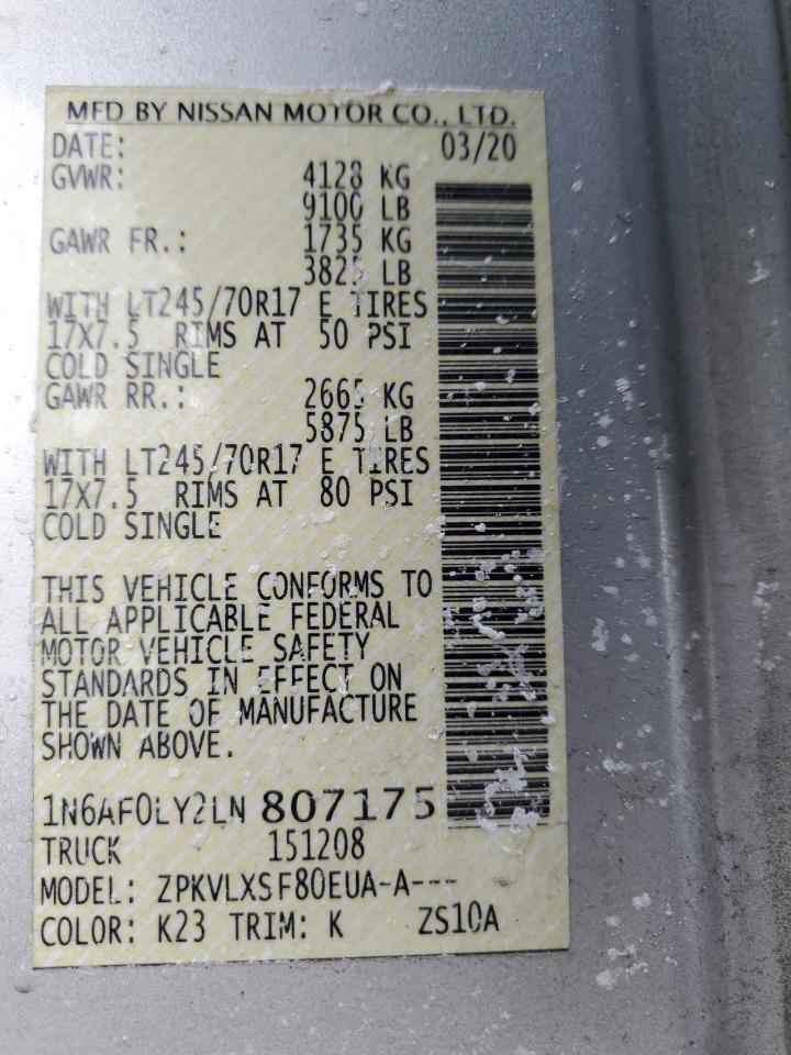 2020 Nissan Nv 2500 Sv VIN: 1N6AF0LY2LN807175 Lot: 41840105