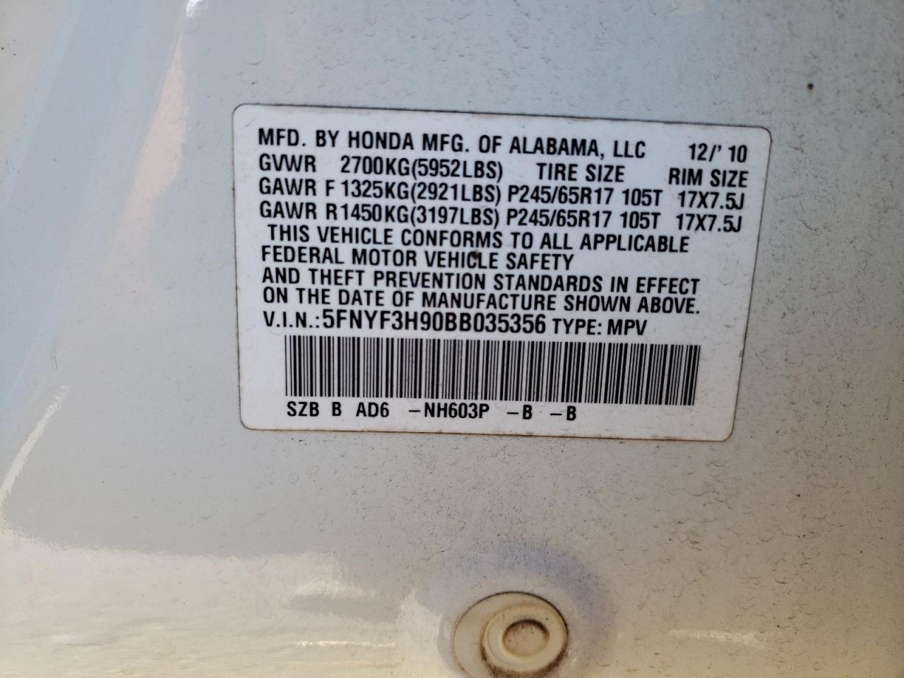 2011 Honda Pilot Touring VIN: 5FNYF3H90BB035356 Lot: 86795384