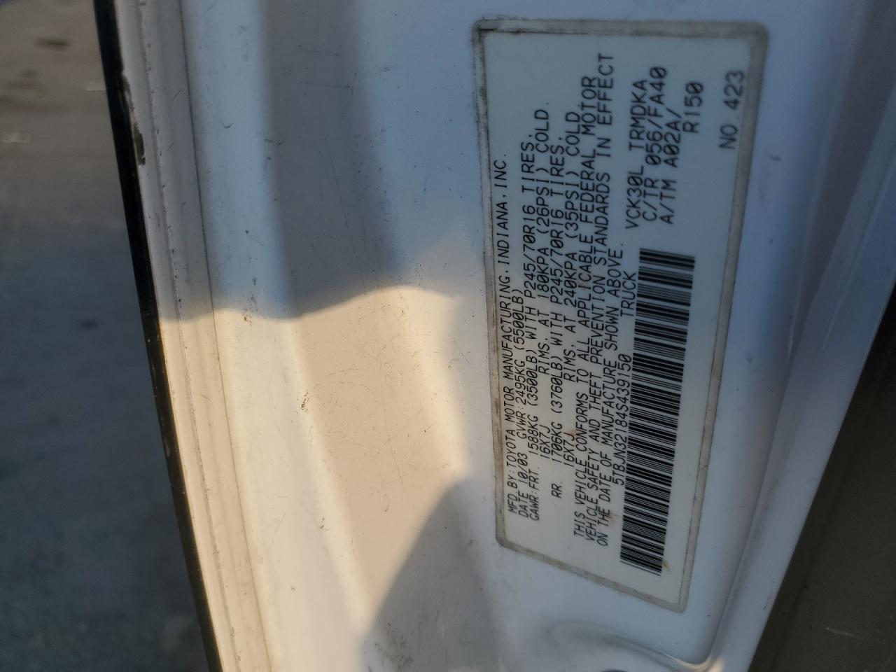 2004 Toyota Tundra VIN: 5TBJN32184S439150 Lot: 89302185