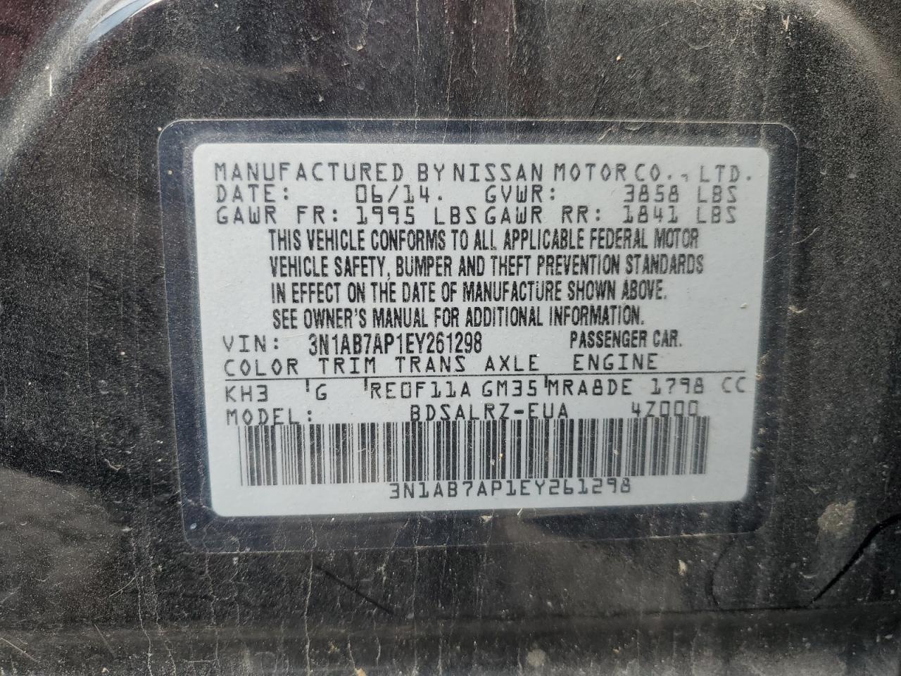 VIN 3N1AB7AP1EY261298 2014 NISSAN SENTRA no.12