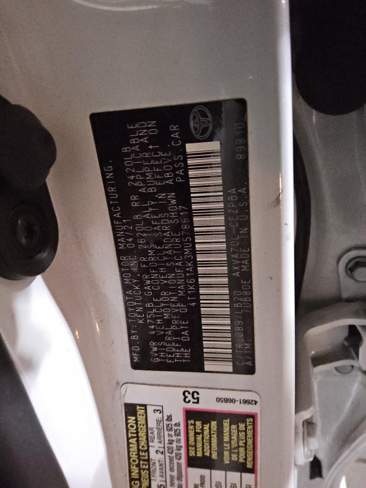 2021 Toyota Camry Xse VIN: 4T1K61AK3MU578617 Lot: 87201674