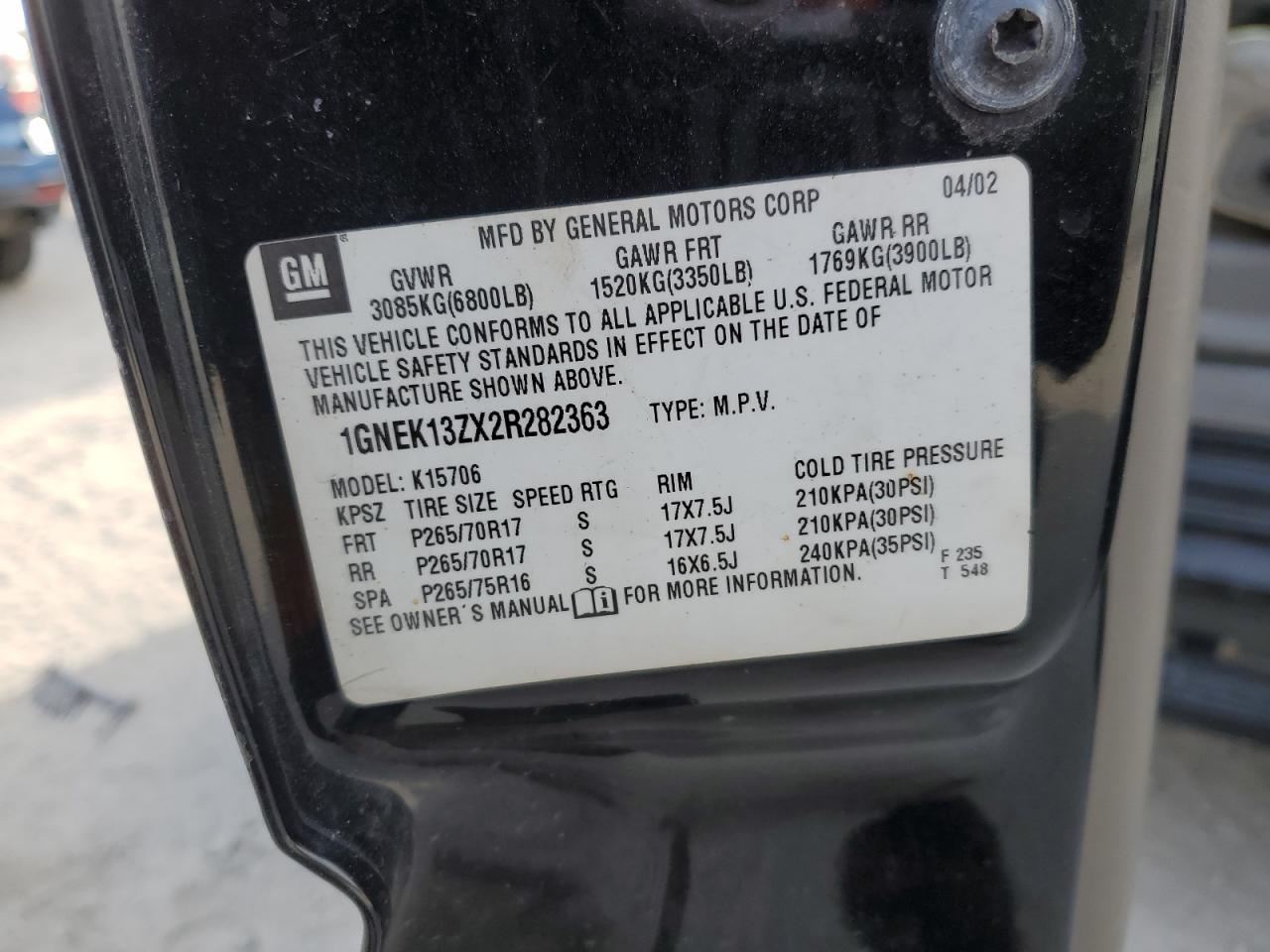 2002 Chevrolet Tahoe K1500 VIN: 1GNEK13ZX2R282363 Lot: 87883605