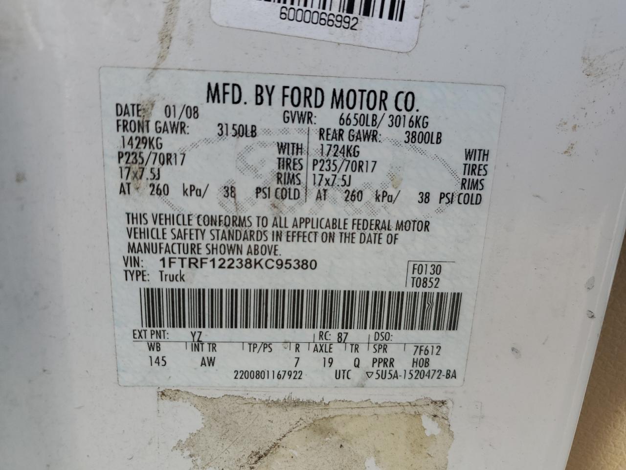 2008 Ford F150 VIN: 1FTRF12238KC95380 Lot: 88728265