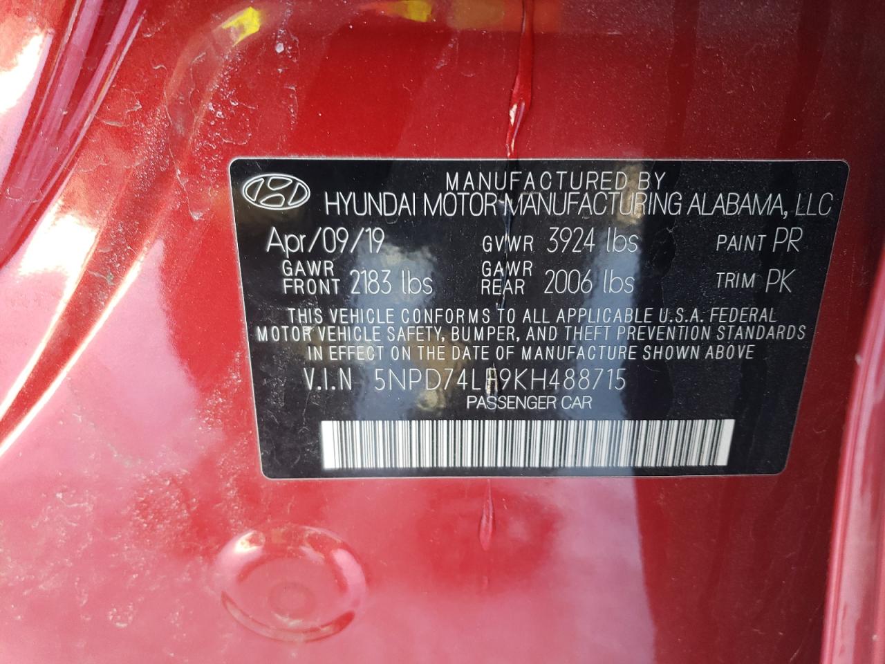 2019 Hyundai Elantra Se VIN: 5NPD74LF9KH488715 Lot: 88864355