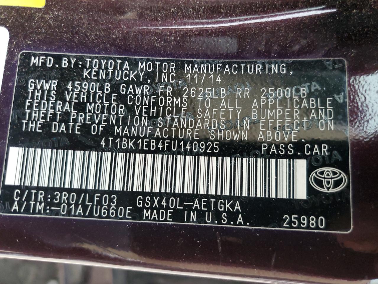 2015 Toyota Avalon Xle VIN: 4T1BK1EB4FU140925 Lot: 86825014