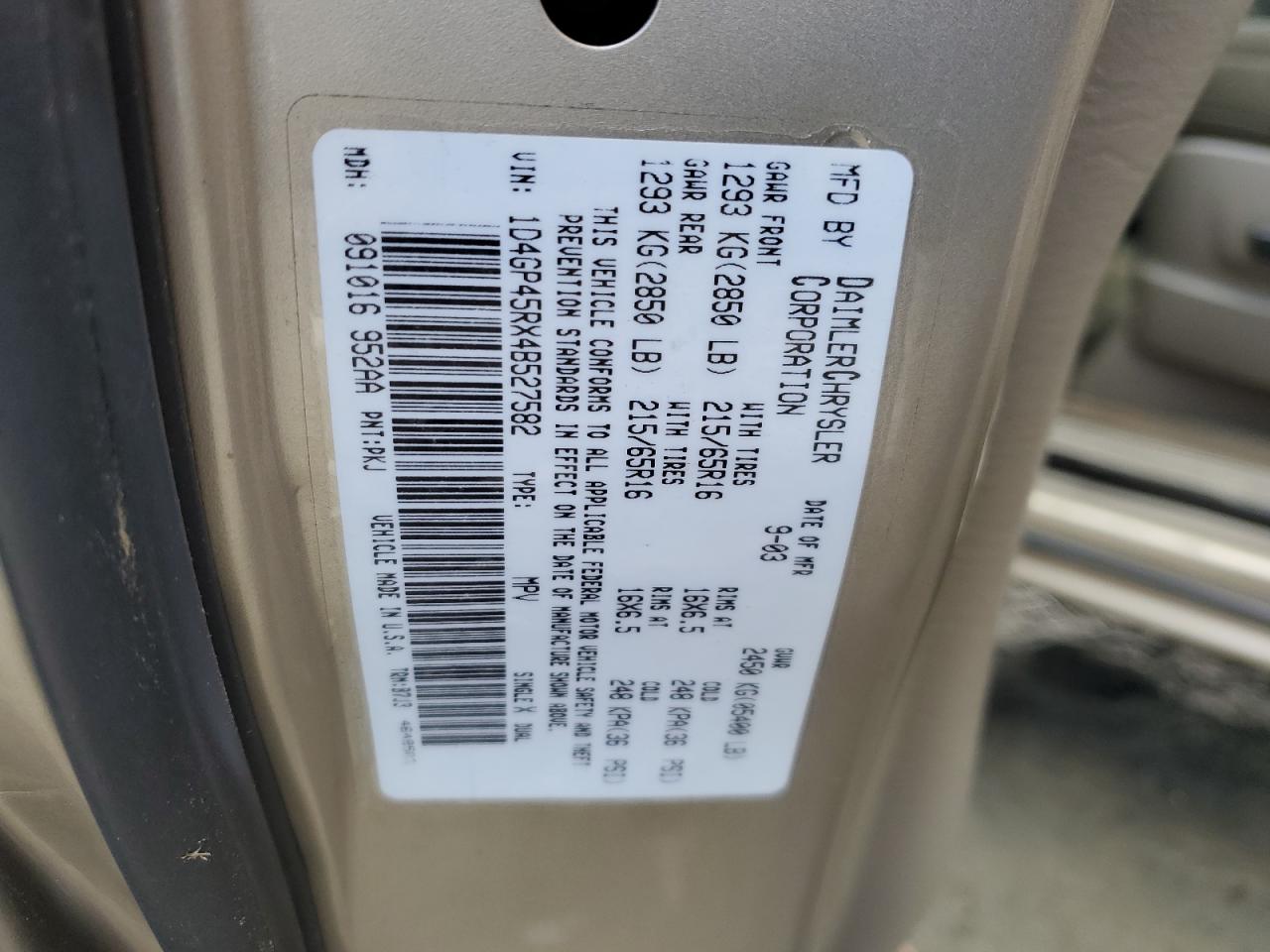 2004 Dodge Caravan Sxt VIN: 1D4GP45RX4B527582 Lot: 87208644