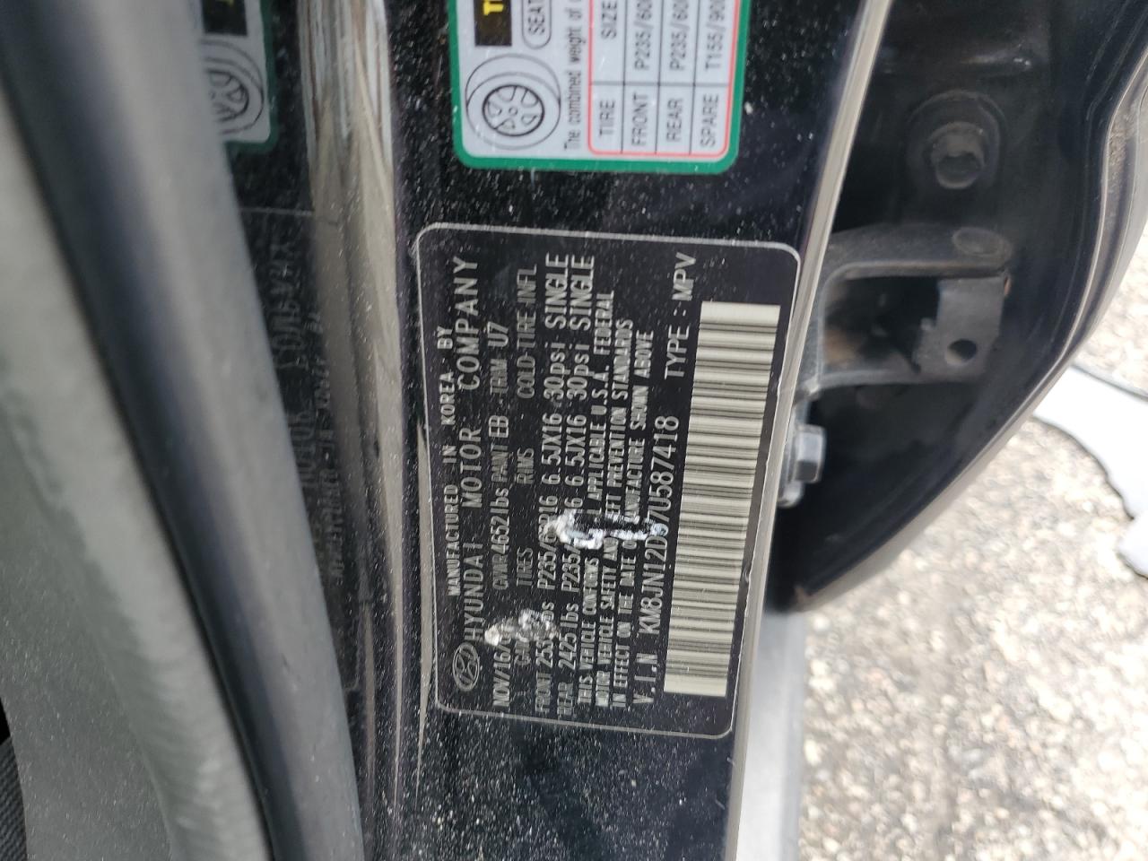 2007 Hyundai Tucson Se VIN: KM8JN12D57U587418 Lot: 86825174