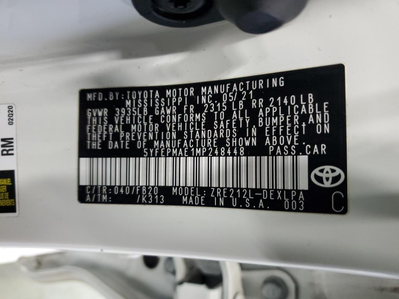 VIN 5YFEPMAE1MP248448 2021 TOYOTA COROLLA no.12