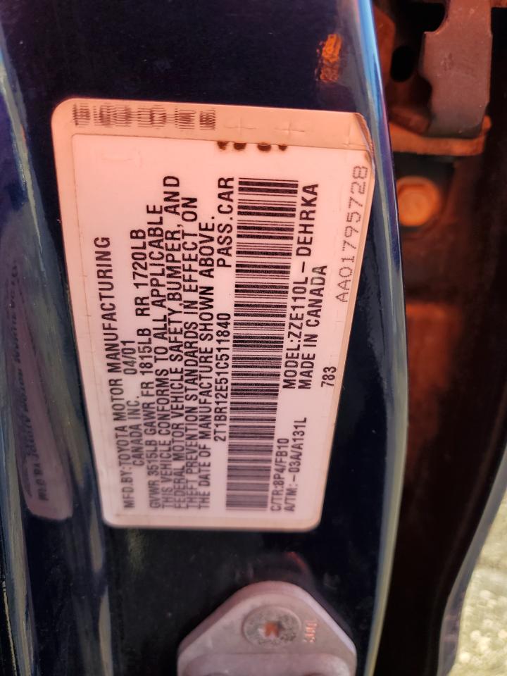 2001 Toyota Corolla Ce VIN: 2T1BR12E51C511840 Lot: 88501365