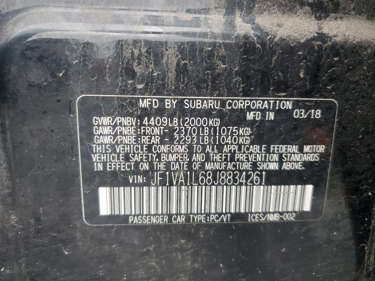 2018 Subaru Wrx VIN: JE1VA1LB8J88342B1 Lot: 41533565