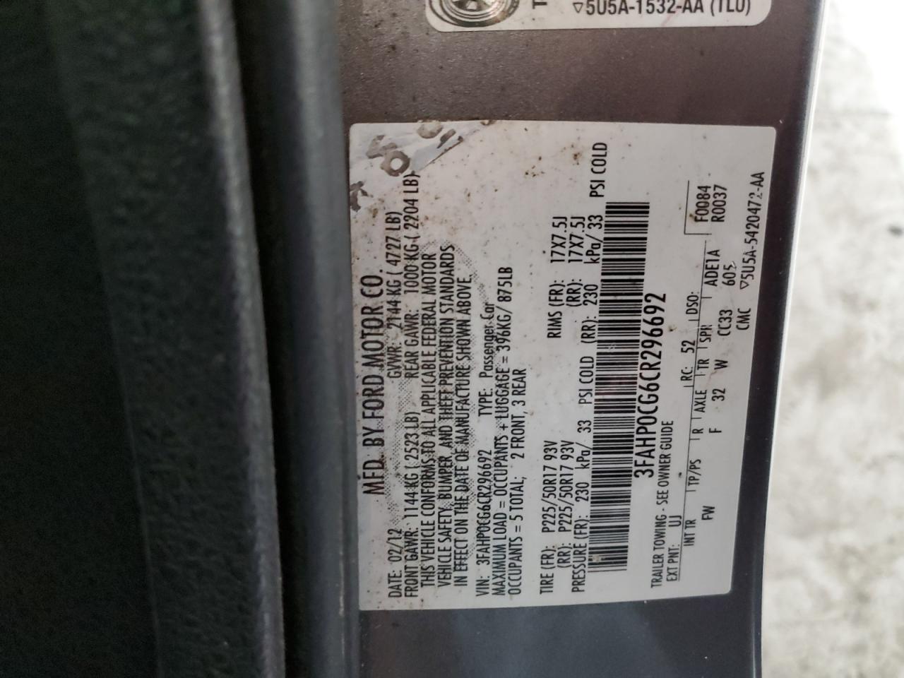 2012 Ford Fusion Sel VIN: 3FAHP0CG6CR296692 Lot: 88674005