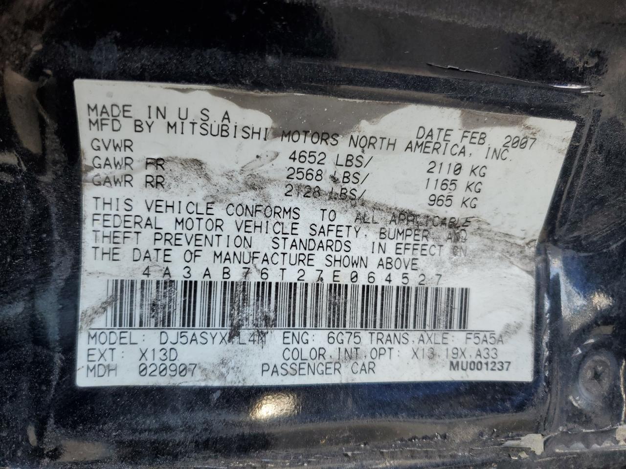 2007 Mitsubishi Galant Ralliart VIN: 4A3AB76T27E064527 Lot: 41671925