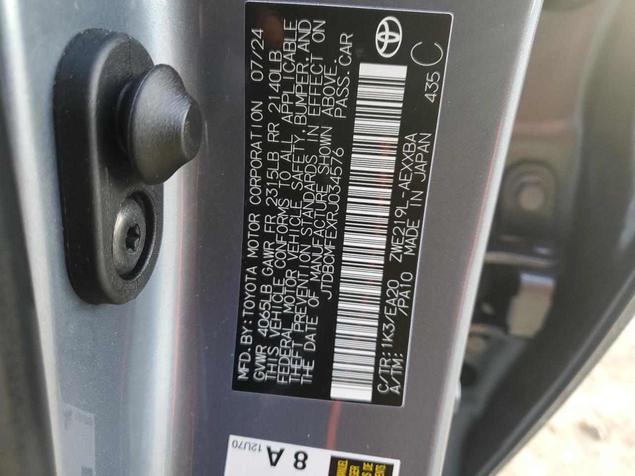 2024 Toyota Corolla Le VIN: JTDBCMFEXRJ034576 Lot: 87725615