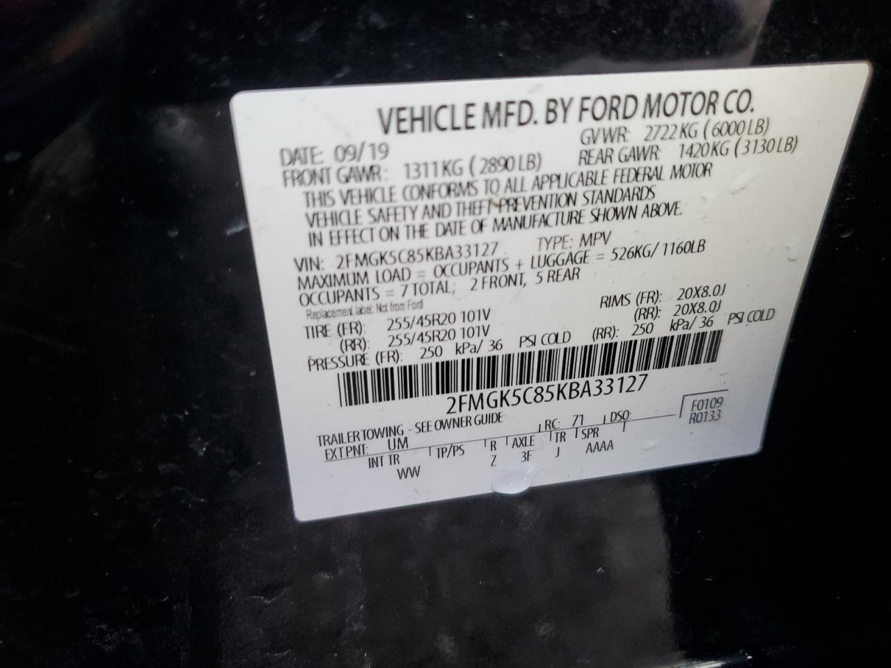 VIN 2FMGK5C85KBA33127 2019 FORD FLEX no.13