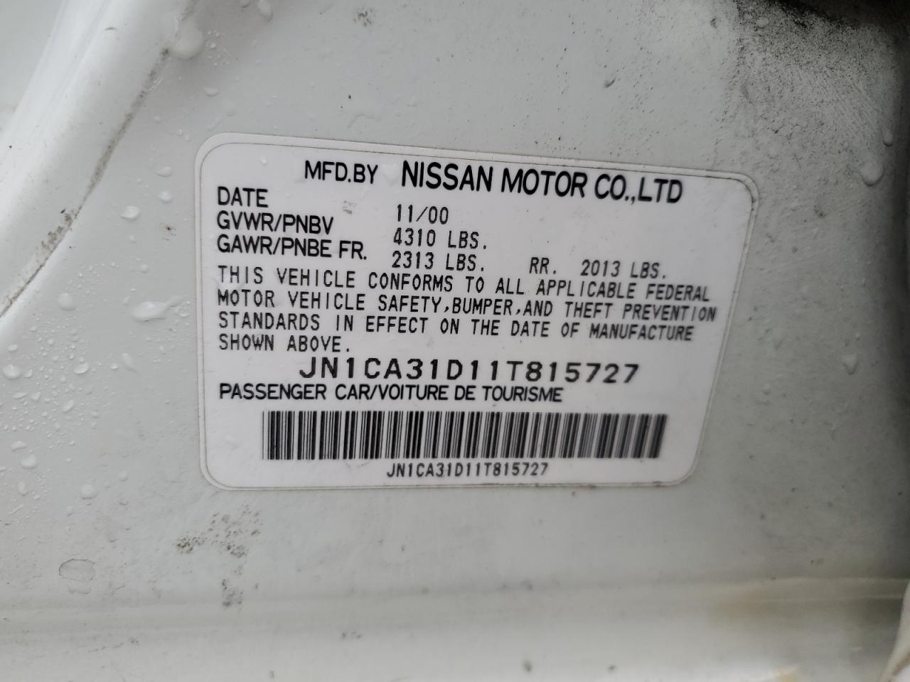 2001 Nissan Maxima Gxe VIN: JN1CA31D11T815727 Lot: 41459175