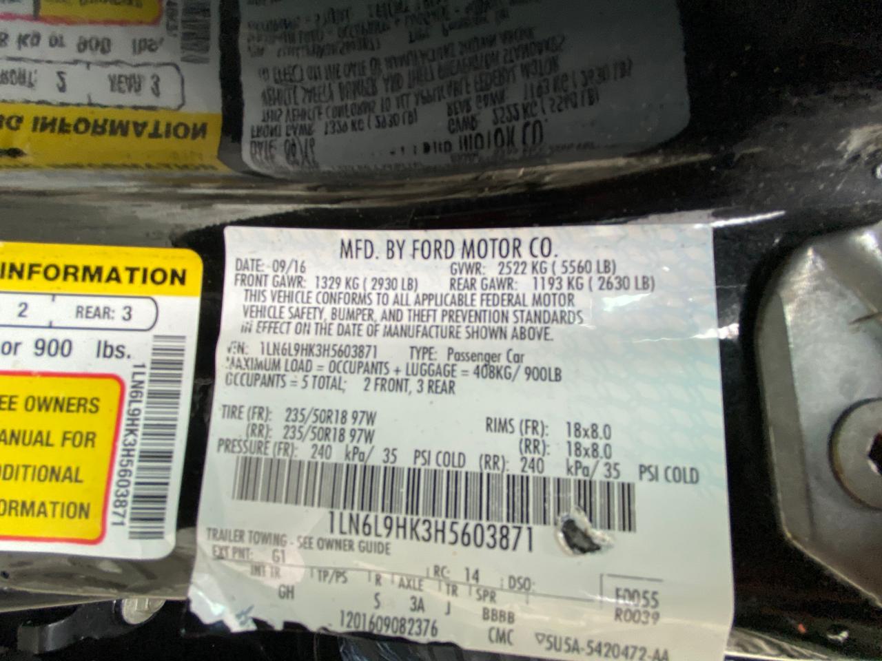 2017 Lincoln Continental VIN: 1LN6L9HK3H5603871 Lot: 42706685