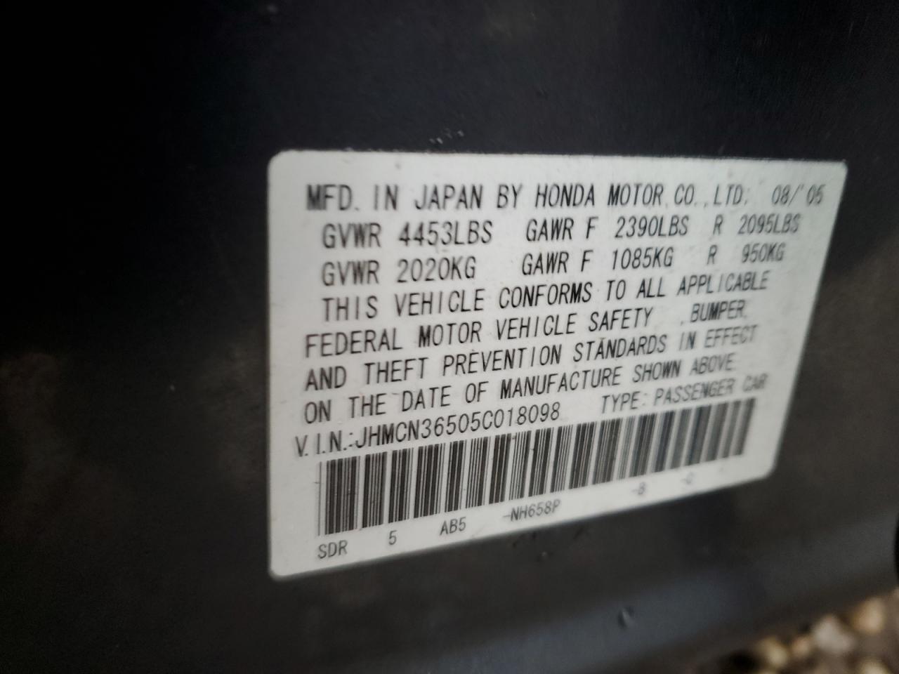 2005 Honda Accord Hybrid VIN: JHMCN36505C018098 Lot: 43337825