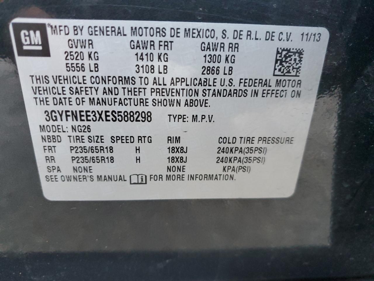 VIN 3GYFNEE3XES588298 2014 CADILLAC SRX no.14