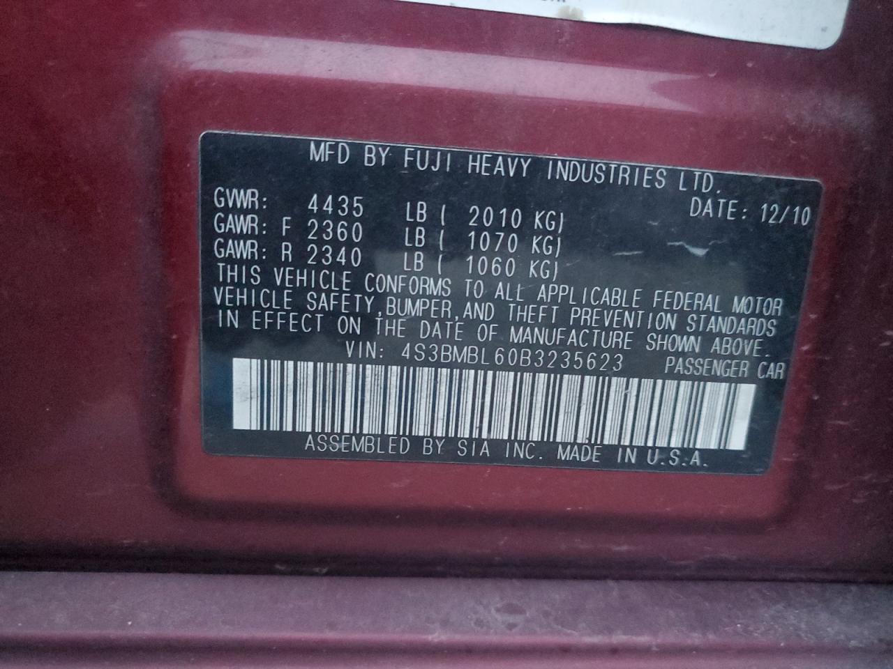 2011 Subaru Legacy 2.5I Limited VIN: 4S3BMBL60B3235623 Lot: 42823195