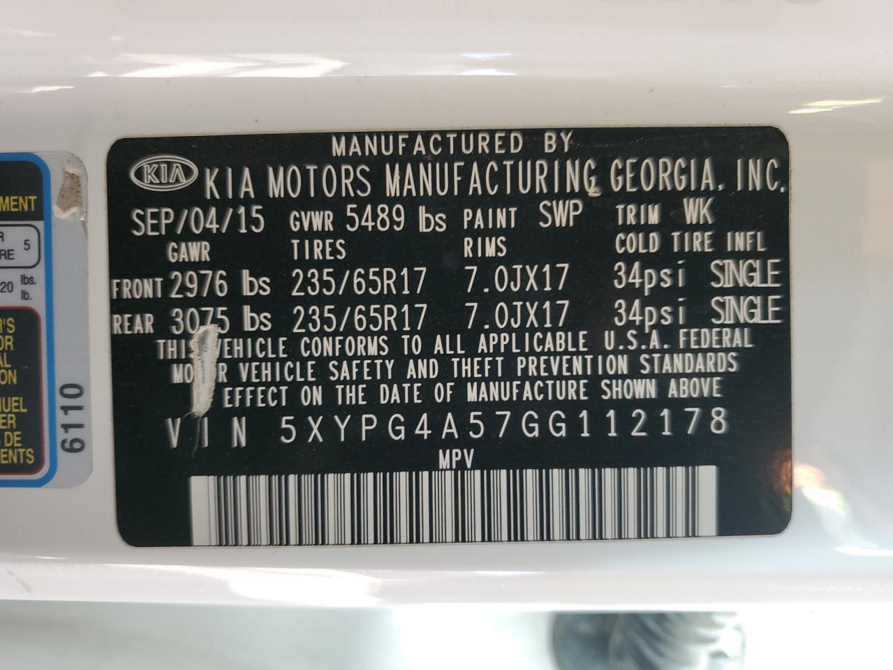 VIN 5XYPG4A57GG112178 2016 KIA SORENTO no.12